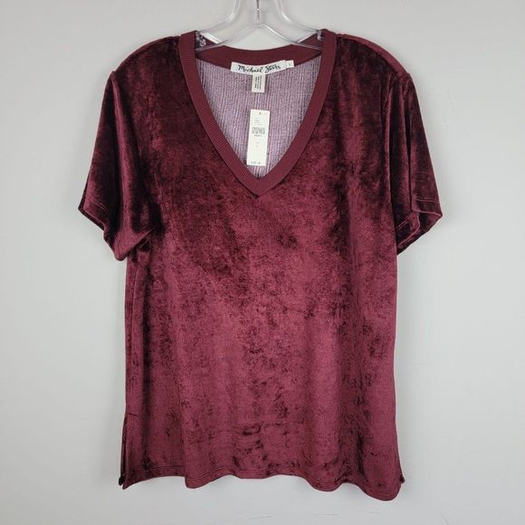 Michael Stars Wine Stretchy Velvet V-Neck Short Sleeves Pullover Top Size L - Picture 1 of 9